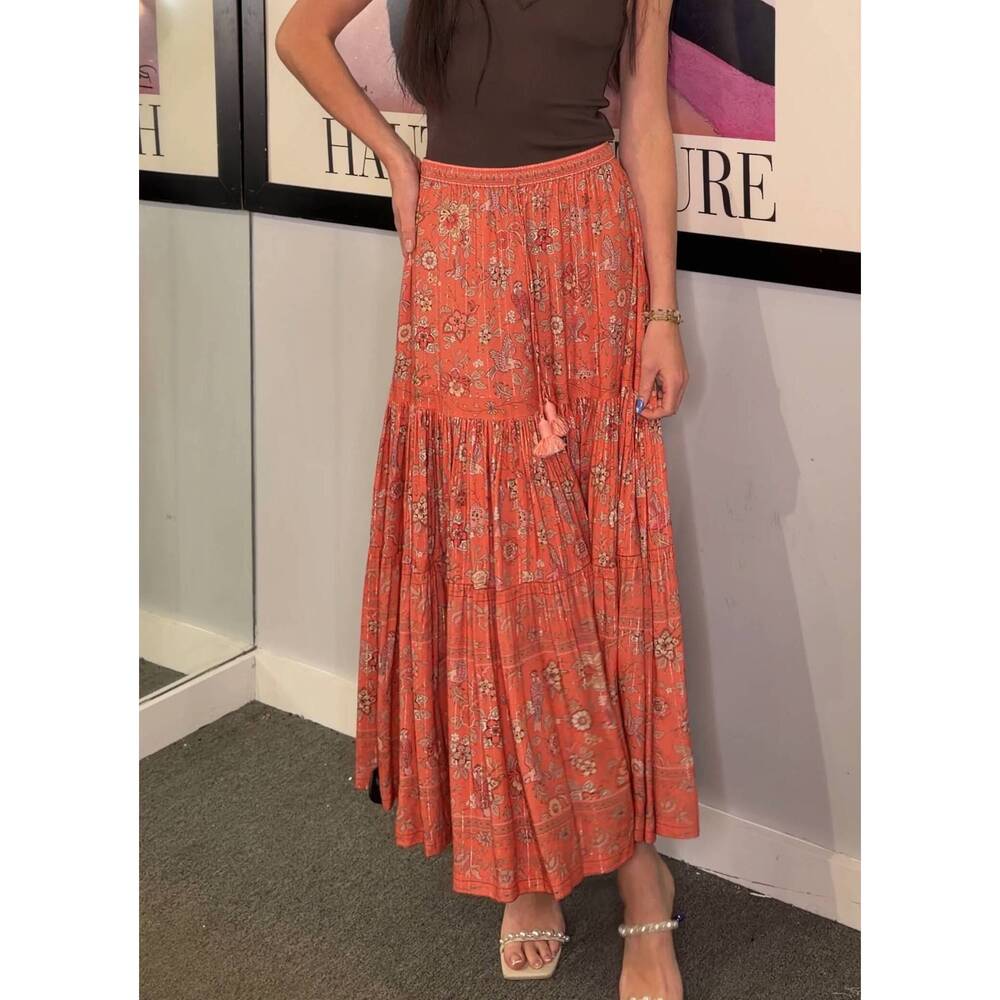 NEW STRAWBERRY PARIS osiris maxi skirt in pink - blue jay print